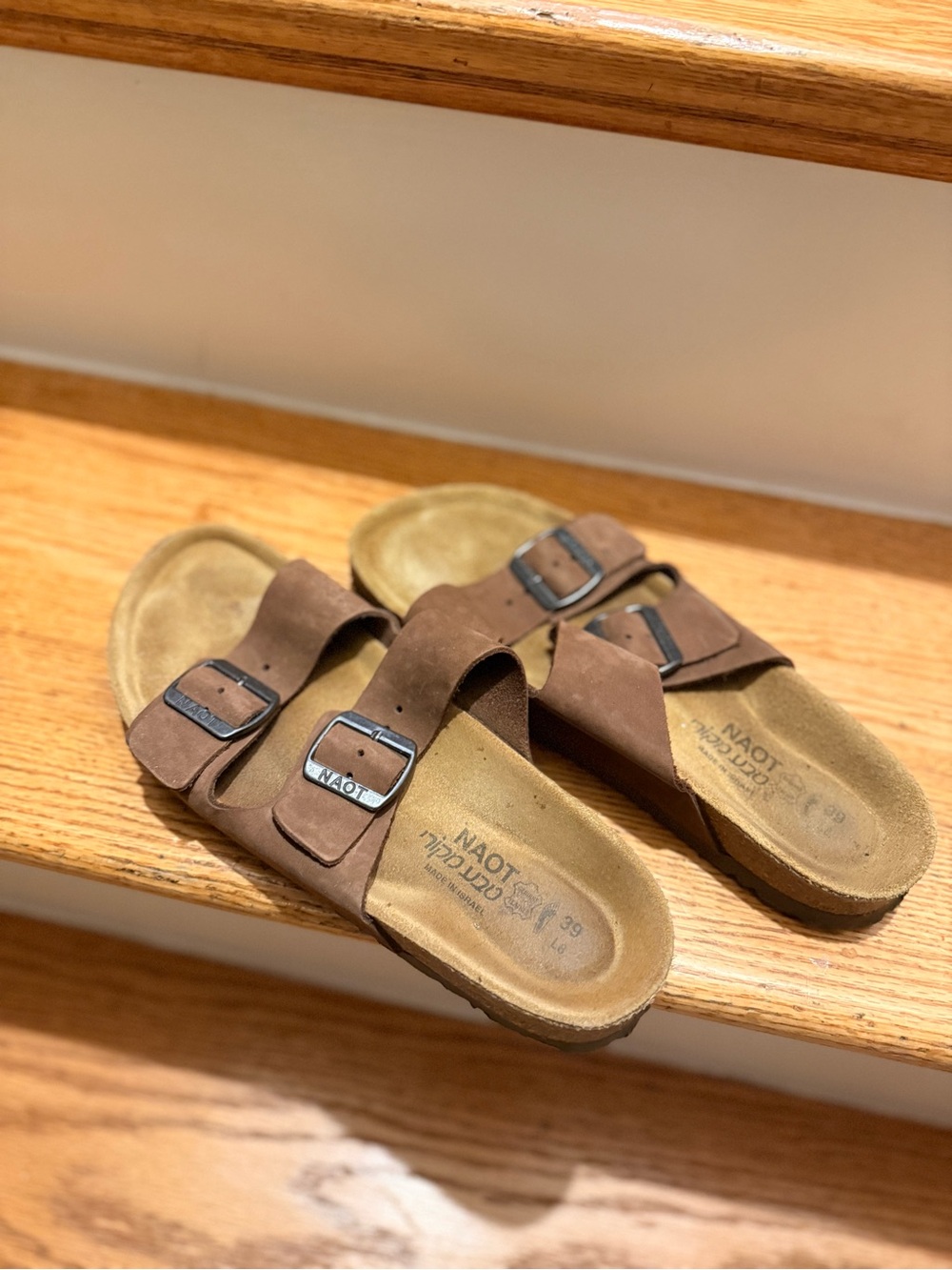 Naot Brown Suede Double-Buckle Slide Sandals with Metal Buckles